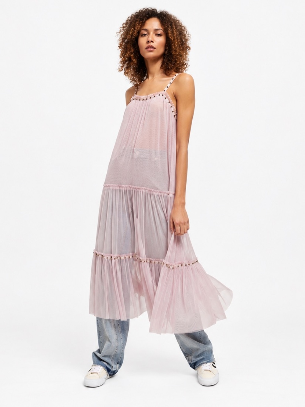Free People Night Out Studded Sheer Mesh Tiered Pink Mauve Maxi Dress S NWOT
